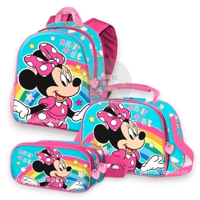 Conjunto mochila, lancheira e estojo Minnie Mouse azul e rosa