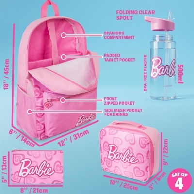Conjunto Barbie rosa com mochila, garrafa, saco e estojo em fundo azul
