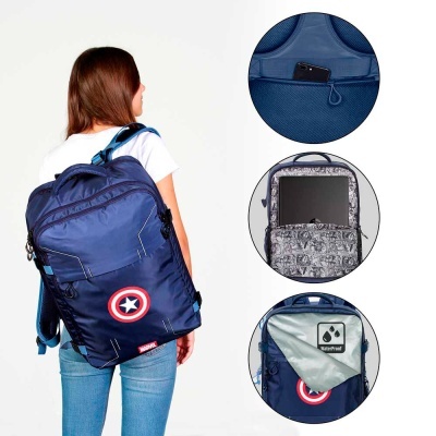Mochila azul escura do Capitão América com vários compartimentos