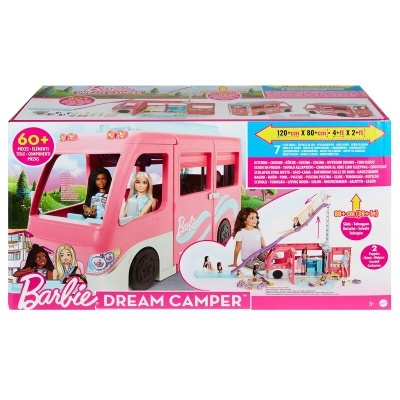 Caravana de brinquedo Barbie Dream Camper cor-de-rosa e branco com duas bonecas