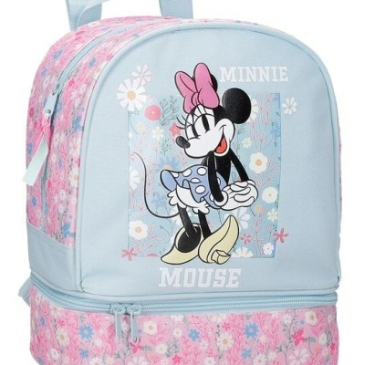 Mochila floral azul e rosa com imagem da Minnie Mouse