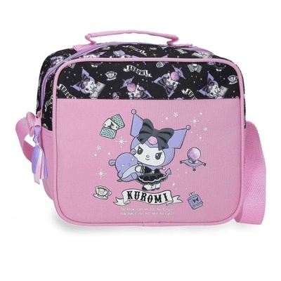 Mala de ombro infantil rosa com personagem Kuromi e detalhes pretos
