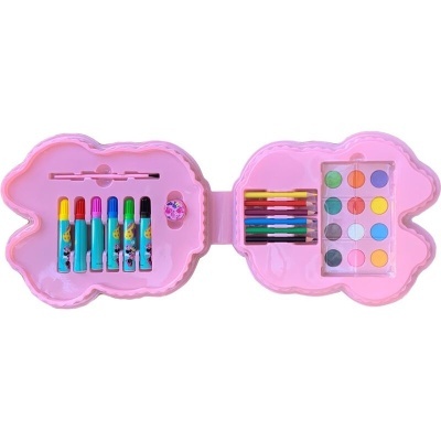 Caixa de material artístico para crianças cor-de-rosa com lápis de cera, lápis de cor, apontador, pincel, e paleta de tintas