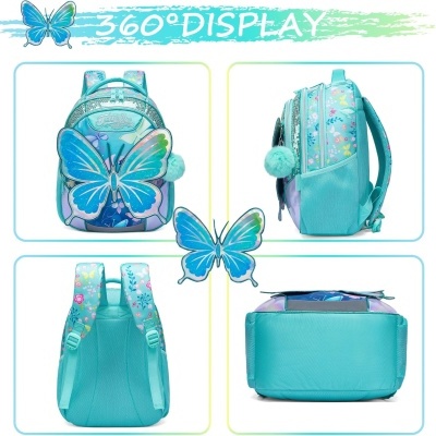 Mochila infantil azul turquesa com borboletas e pompom