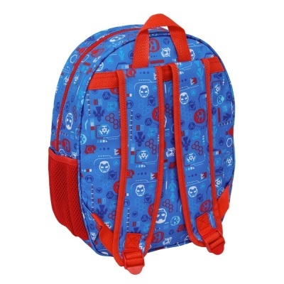 Mochila azul com padrões e alças vermelhas