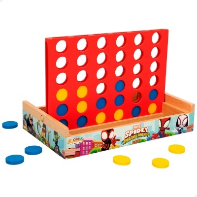 Jogo quatro em linha Marvel Spidey com base de madeira e tabuleiro vermelho