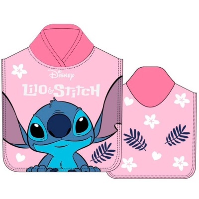 Poncho infantil cor-de-rosa com personagem Stitch e texto Disney Lilo & Stitch