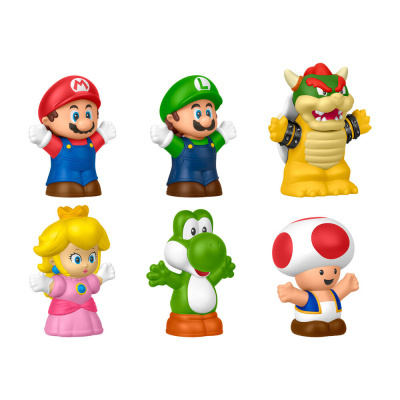 Seis figuras de ação coloridas de personagens Super Mario em fundo branco