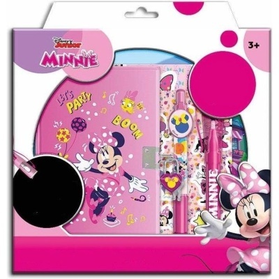 Conjunto escolar Disney Minnie rosa com caderno, relógio, caneta e acessórios