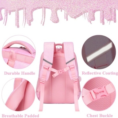 Mochila cor-de-rosa com detalhes em close-up das alças, fecho e revestimento refletor