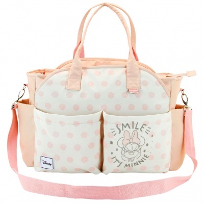 Bolsa de maternidade rosa clara com bolinhas e estampa da Minnie