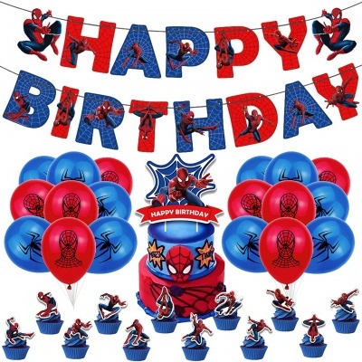 Decoração de festa de aniversário Homem-Aranha com balões, faixa, bolo e cupcakes
