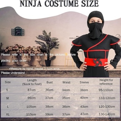 Fato de ninja preto com detalhes vermelhos, máscara preta e tabela de tamanhos em inglês