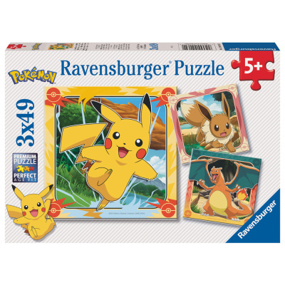 Puzzle Ravensburger Pokémon para crianças 5+, com 3x49 peças e imagens de Pikachu, Eevee e Charizard.