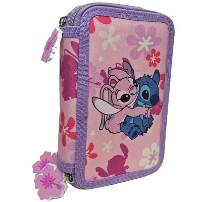 Estojo rosa com bordas lilás e personagens Lilo & Stitch abraçados