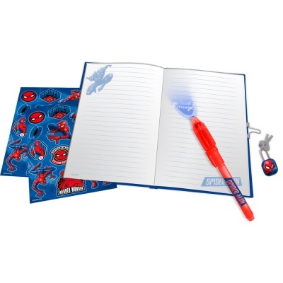 Caderno com Spider-Man, caneta iluminada e folhas de autocolantes