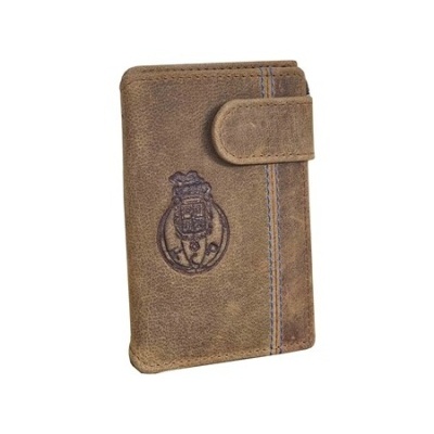 Capa de cartão castanha em couro com fecho e logótipo gravado