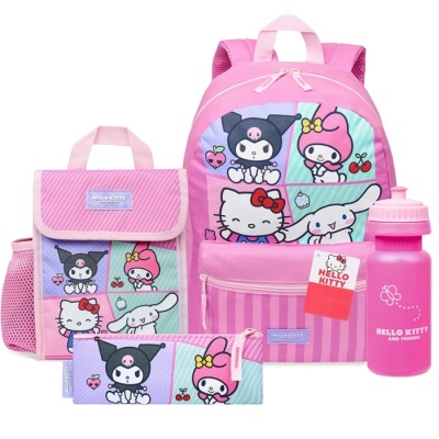 Conjunto infantil rosa Hello Kitty com mochila, lancheira, estojo e garrafa