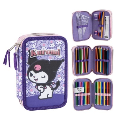 Estojo escolar roxo e rosa com ilustração Kuromi e material escolar