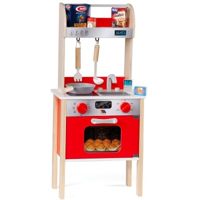 Cozinha de brincar de madeira vermelha e branca com acessórios de cozinha