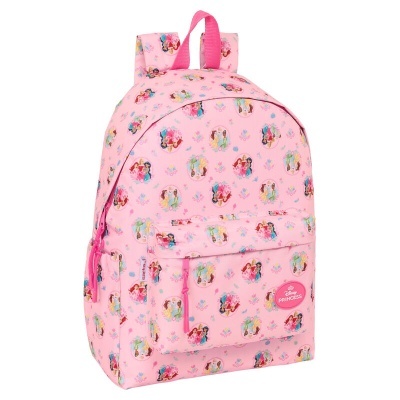 Mochila rosa com padrão de princesas Disney e bolso frontal