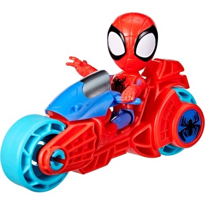 Brinquedo do Homem-Aranha numa mota azul e vermelha