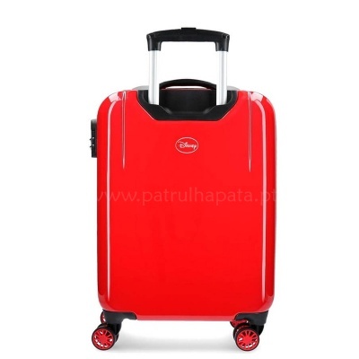 Mala de viagem rígida vermelha com pega retrátil preta e rodas giratórias