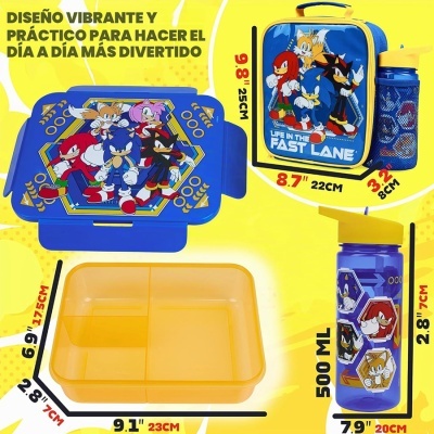 Lancheira azul com personagens Sonic, garrafa azul com tampa amarela, caixa de almoço amarela com divisórias