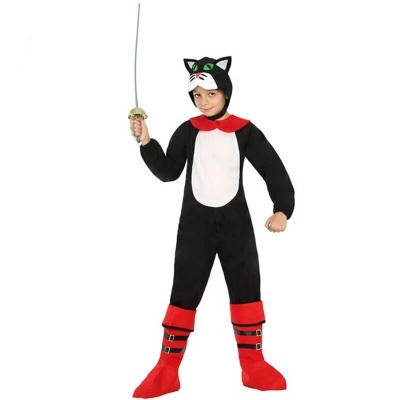 Fato infantil de gato preto com detalhes em vermelho e branco, com espada