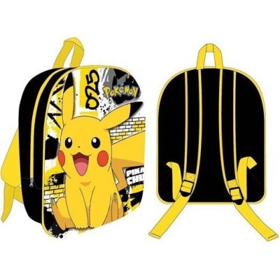 Mochila infantil Pikachu amarela e preta com alças ajustáveis.