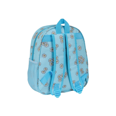 Mochila azul clara com flores e bolsos laterais