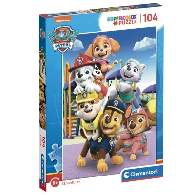 Caixa de puzzle Puppy Patrol com 104 peças da Clementoni, fundo azul e personagens animados.