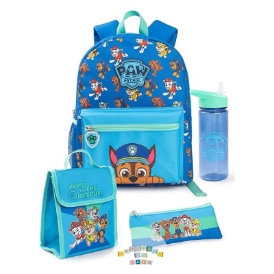 Conjunto azul Paw Patrol com mochila, garrafa, lancheira e estojo com personagens e textos temáticos.