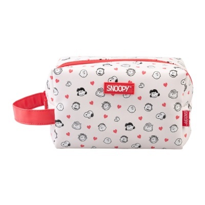 Bolsa branca com padrão Snoopy, corações vermelhos, fecho e pega vermelhos