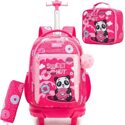 Mochila de rodinhas cor-de-rosa com padrão de donuts e ilustração de panda