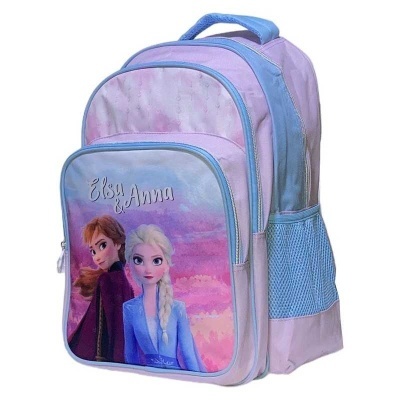 Mochila infantil lilás com personagens Elsa e Anna do Frozen