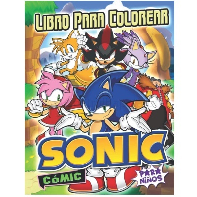 Capa de livro para colorir Sonic com personagens e texto