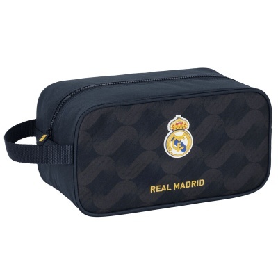 Necessaire preta com padrão geométrico e logótipo do Real Madrid