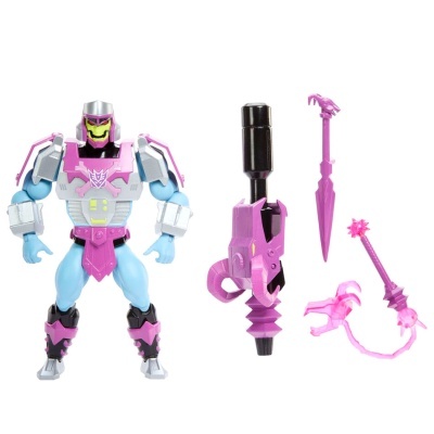 Figura de ação azul com armadura cinzento e rosa e quatro acessórios em rosa e preto