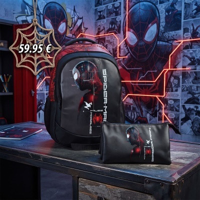 Mochila e estojo Spider-Man Miles Morales pretos com design vermelho e azul