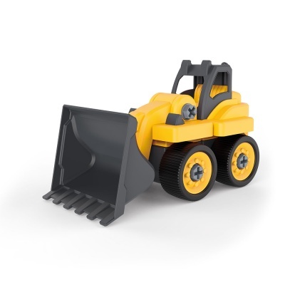 Carrinho de brinquedo amarelo e preto tipo carregadora frontal