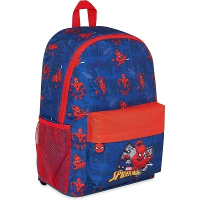 Mochila azul e vermelha com padrão Homem-Aranha e bolso frontal com estampa do personagem