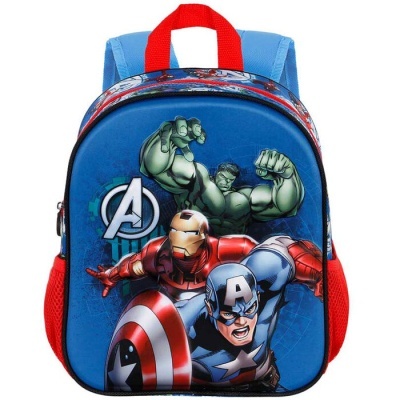 Mochila infantil azul com personagens dos Avengers e detalhes vermelhos