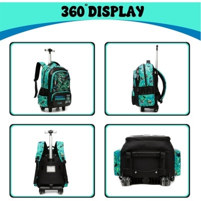 Mochila com rodas de padrão de dinossauros azul e verde vista de vários ângulos