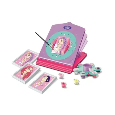 Conjunto de arte com suporte roxo e rosa, placas ilustradas, pincel, paleta giratória e tintas pequenas.