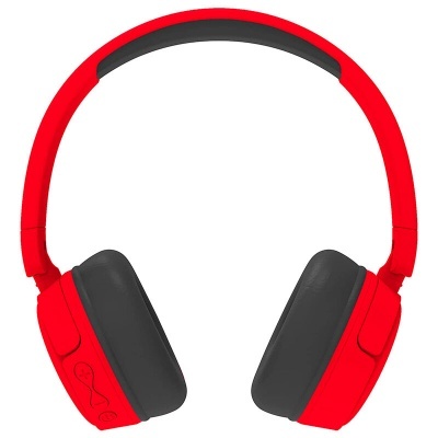 Auriculares Bluetooth vermelhos e pretos com botões de controlo no lado esquerdo