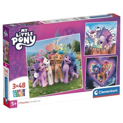 Caixa de quebra-cabeças My Little Pony com 3 puzzles coloridos para crianças 5+, Clementoni.