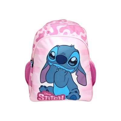 Mochila infantil rosa com personagem Stitch e padrão camuflado.