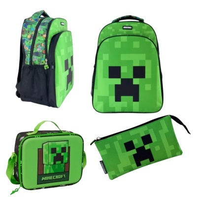 Conjunto verde de mochila, lancheira, estojo e bolsa com tema Minecraft Creeper