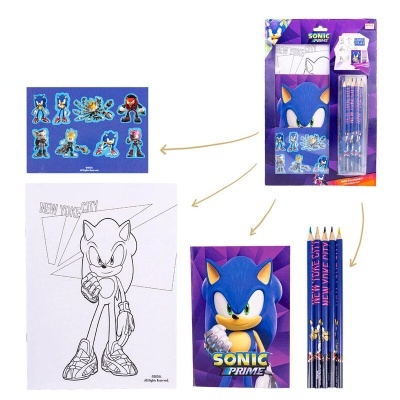 Conjunto de desenho Sonic Prime com máscara 3D, lápis, folhas para colorir e adesivos